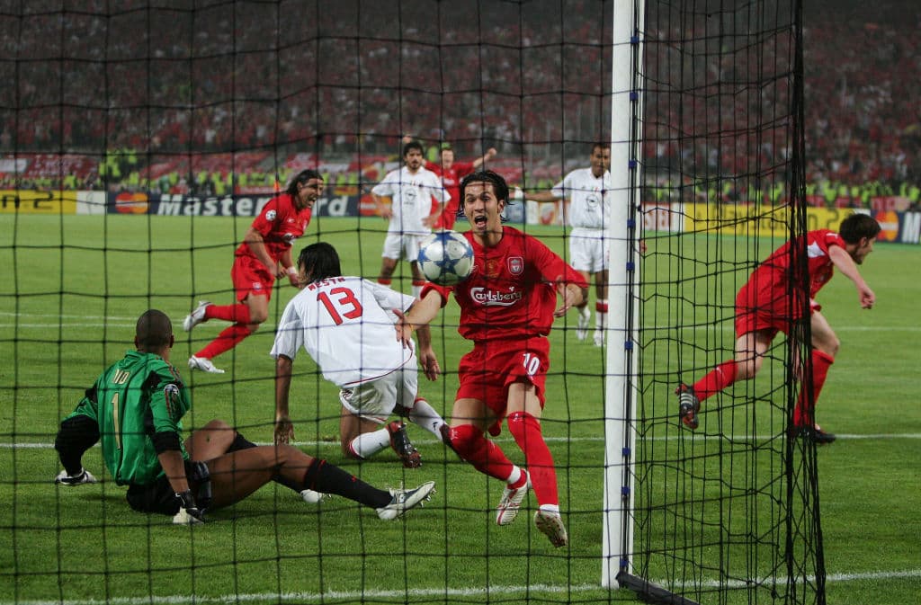 Xabi Alonso celebrates scoring Liverpool's equaliser in the 2005 Champions League final